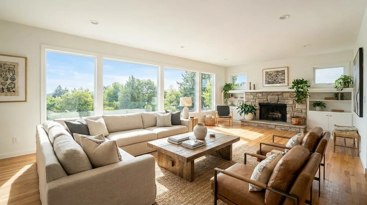 The same living room after HDR blending, with the outdoor view visible through the windows