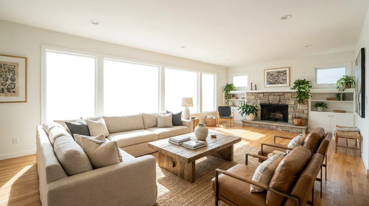 Living room with windows completely blown out to white in a single exposure