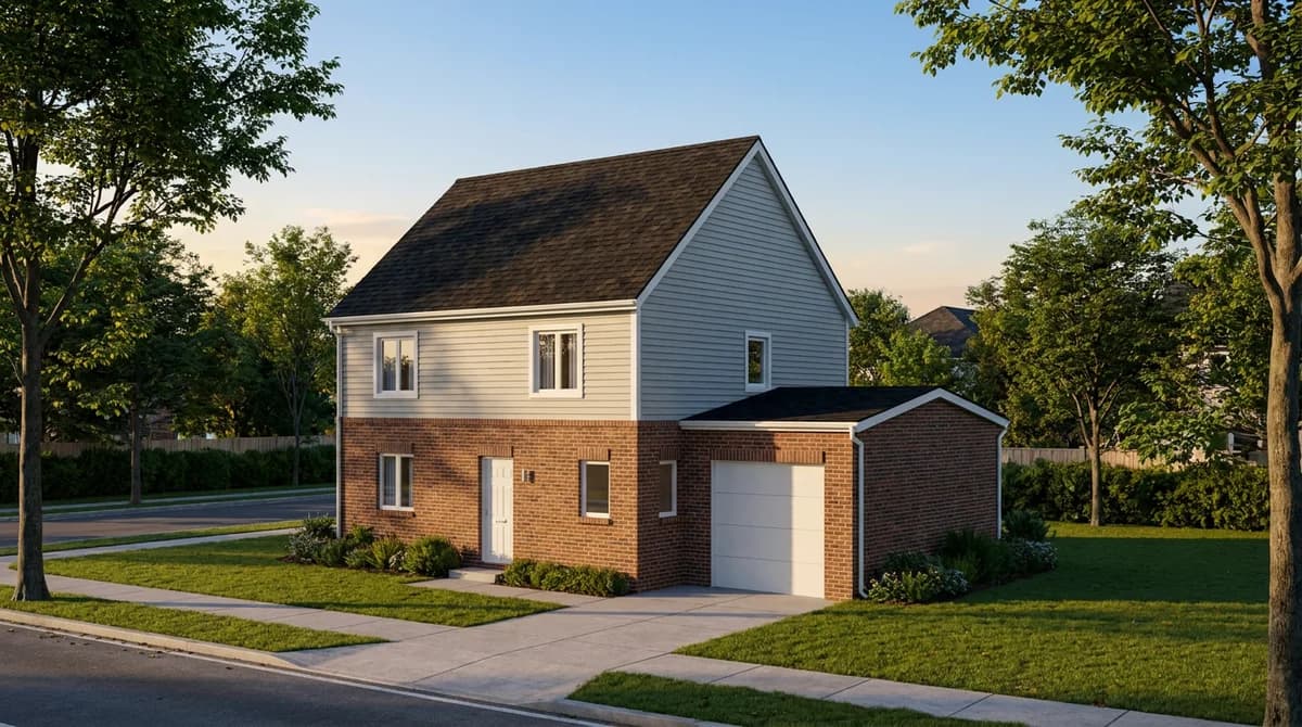 Dasselbe zweigeschossige Haus als fertiges Gebäude gerendert, mit Klinker, Fassadenverkleidung, Einfahrt, Rasen und Straßenbäumen