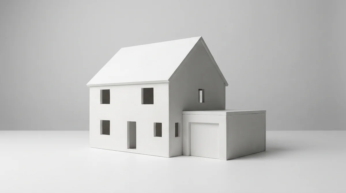 Weißes Architektur-Massenmodell eines zweigeschossigen Einfamilienhauses mit angebauter Garage