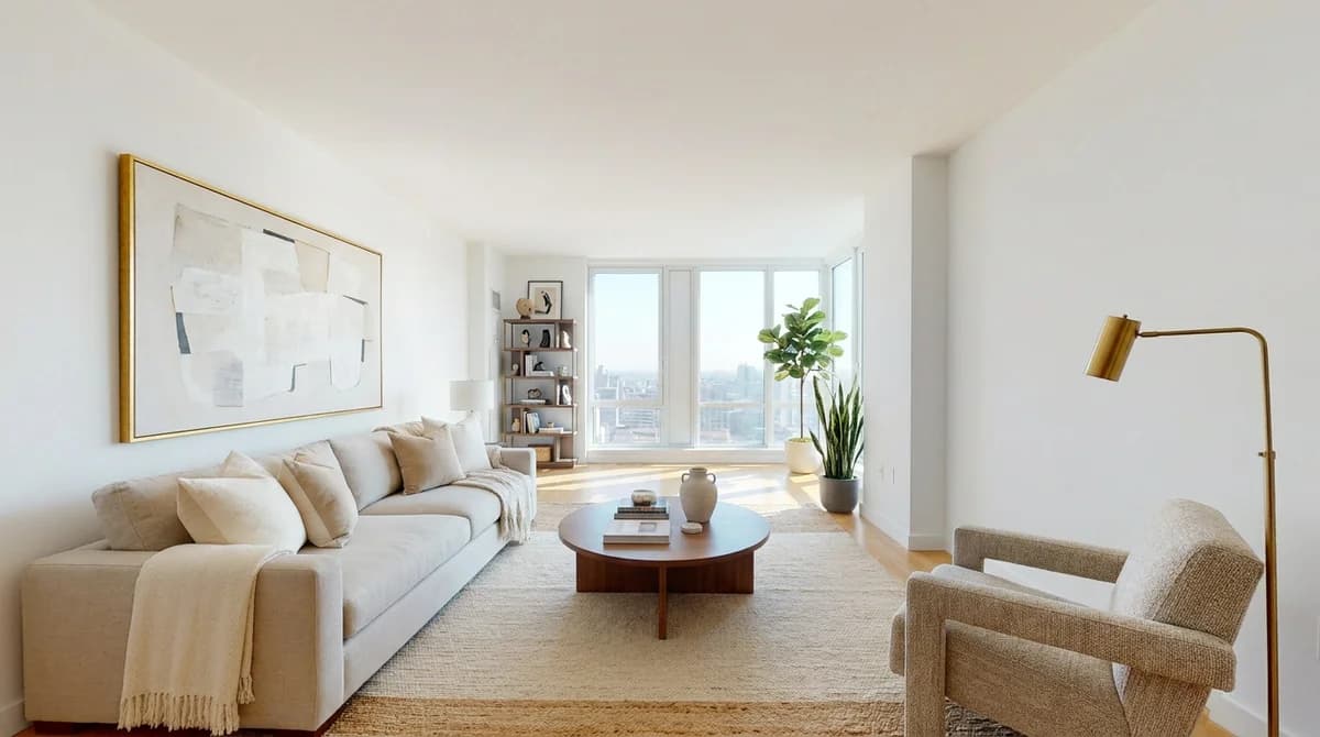 The same living room finished with a photorealistic interior design concept
