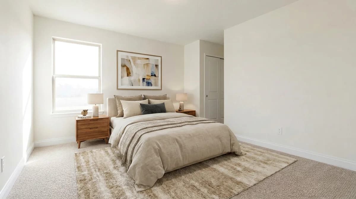 The same bedroom virtually staged with a made bed, nightstands and art