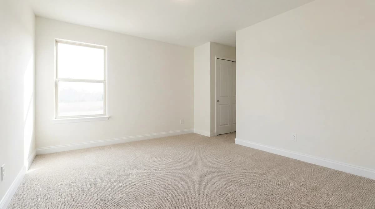 Empty bedroom with neutral walls and beige carpet as delivered from a listing shoot