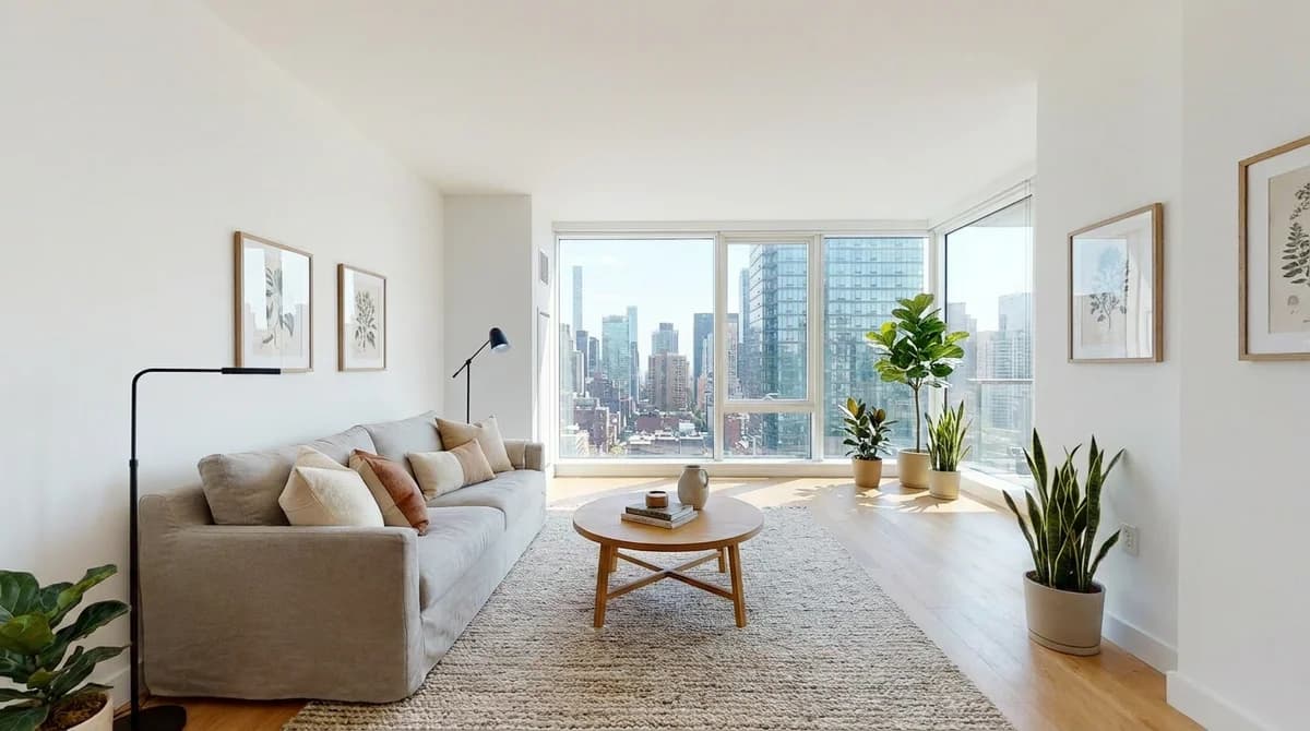 The same living room redesigned with a linen sofa, oak coffee table, rug and styling