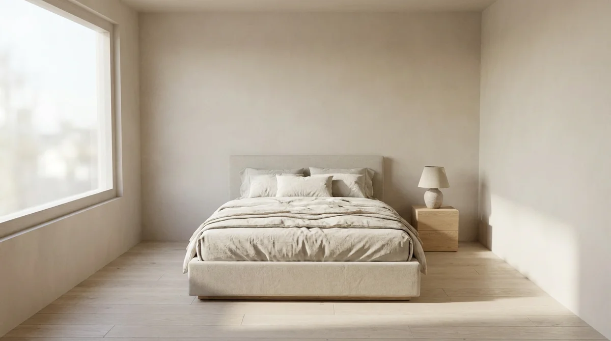 The same bedroom rendered photoreal with linen bedding, oak floor and soft window light