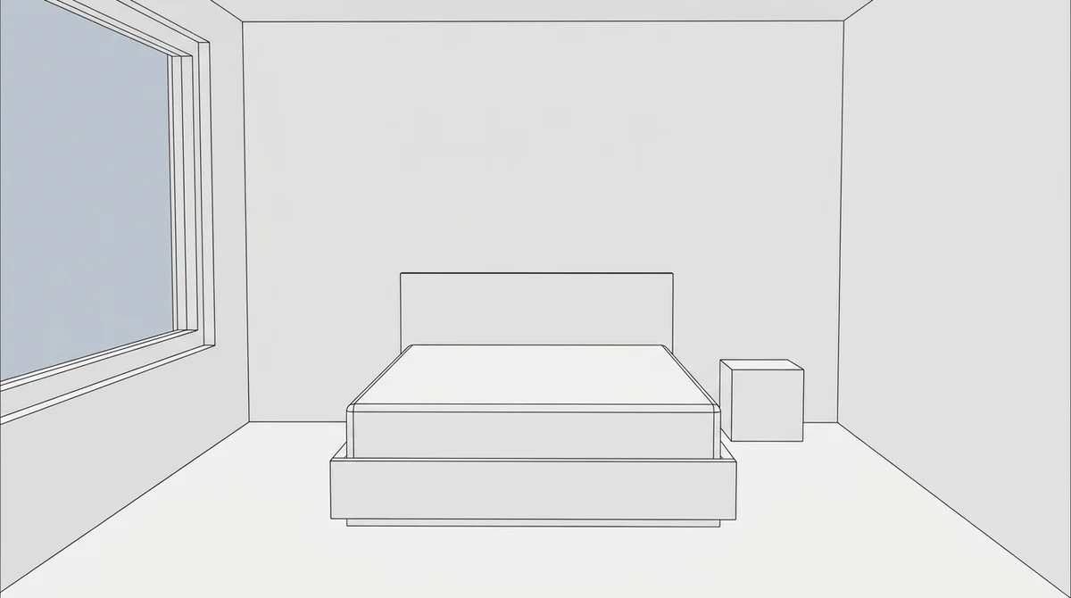 Unrendered SketchUp viewport of a bedroom with white faces and black edge lines