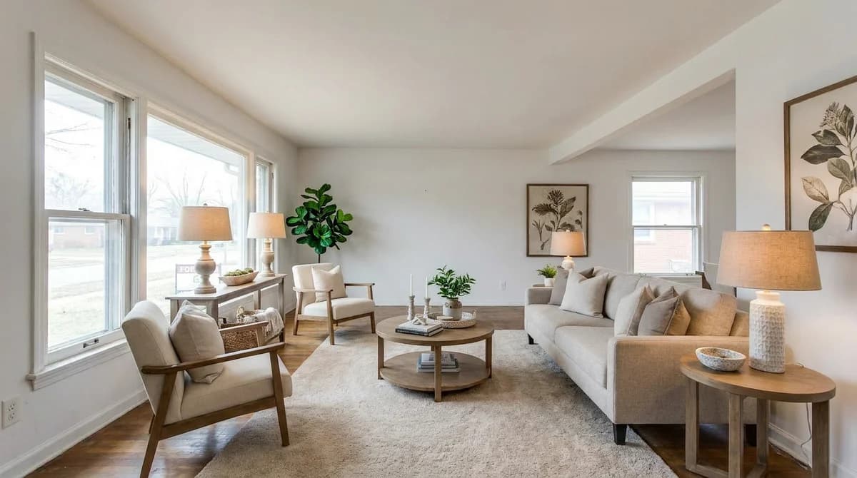 Dasselbe Wohnzimmer nach virtuellem Staging mit AI inklusive Sofa, Teppich und Deko