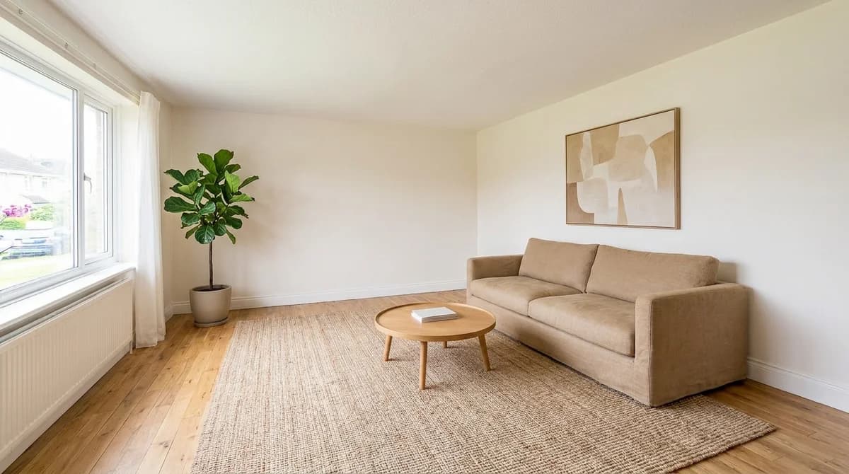 The same living room redesigned in a calm minimalist style