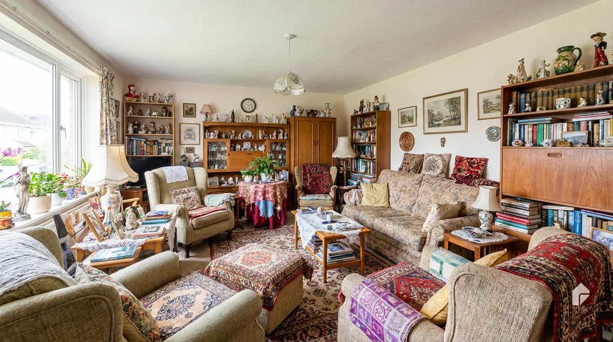 Cluttered, overcrowded living room before minimalist redesign