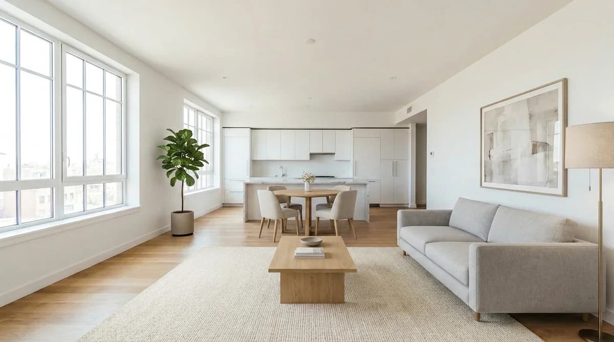 La même pièce ouverte aménagée en home staging virtuel avec canapé, tapis, coin repas et décoration
