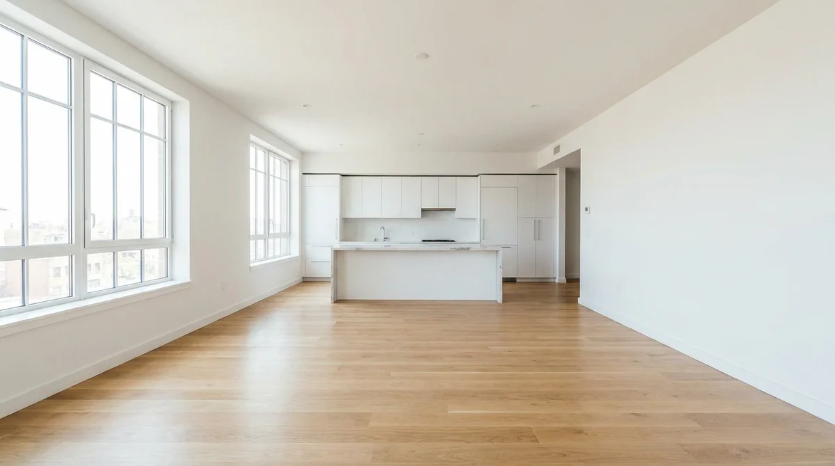 Cuisine ouverte sur salon vide dans un bien vacant, lumière du jour
