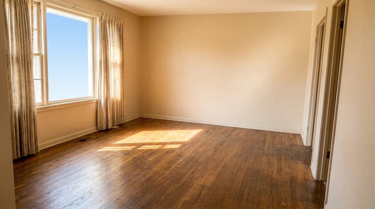 The same living room after AI editing with corrected exposure, straightened verticals, warm white balance and bright daylight