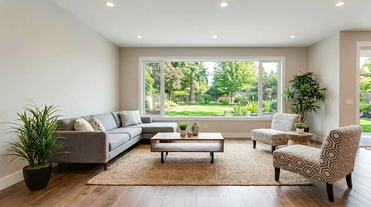The same living room with the window exposure corrected to show the backyard view