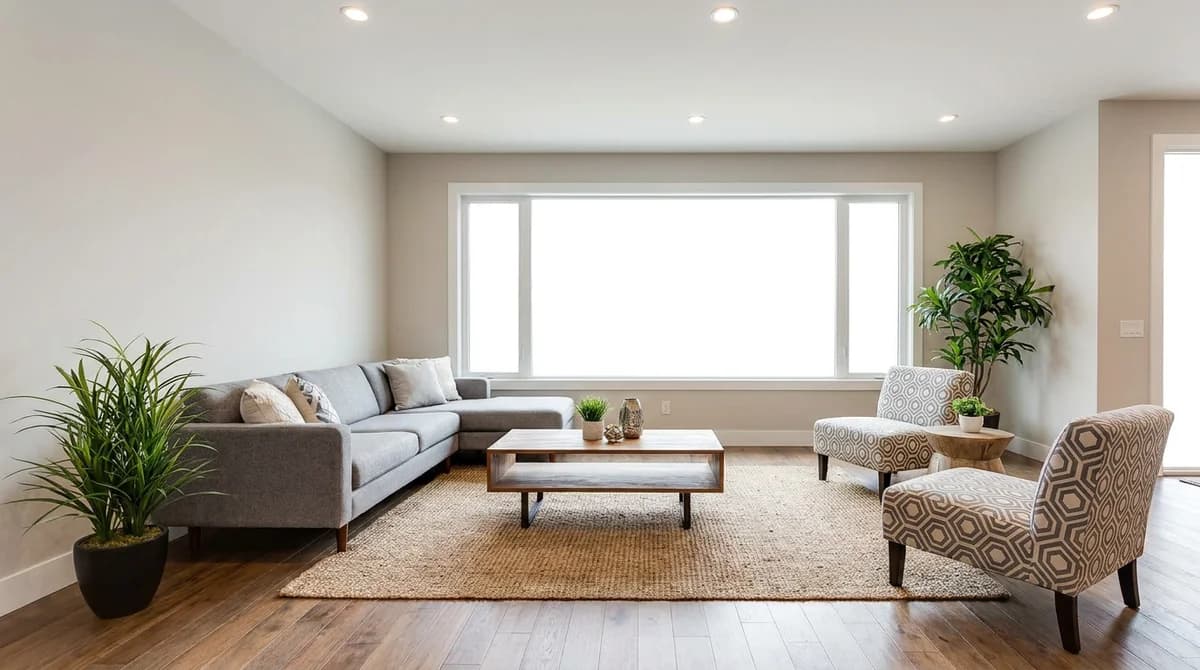 Real estate living room photo with a completely blown-out white window