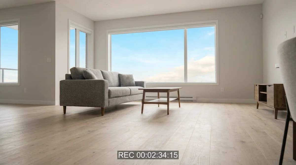 The same video frame after color grading, with warm exposure and a bright sky through the window