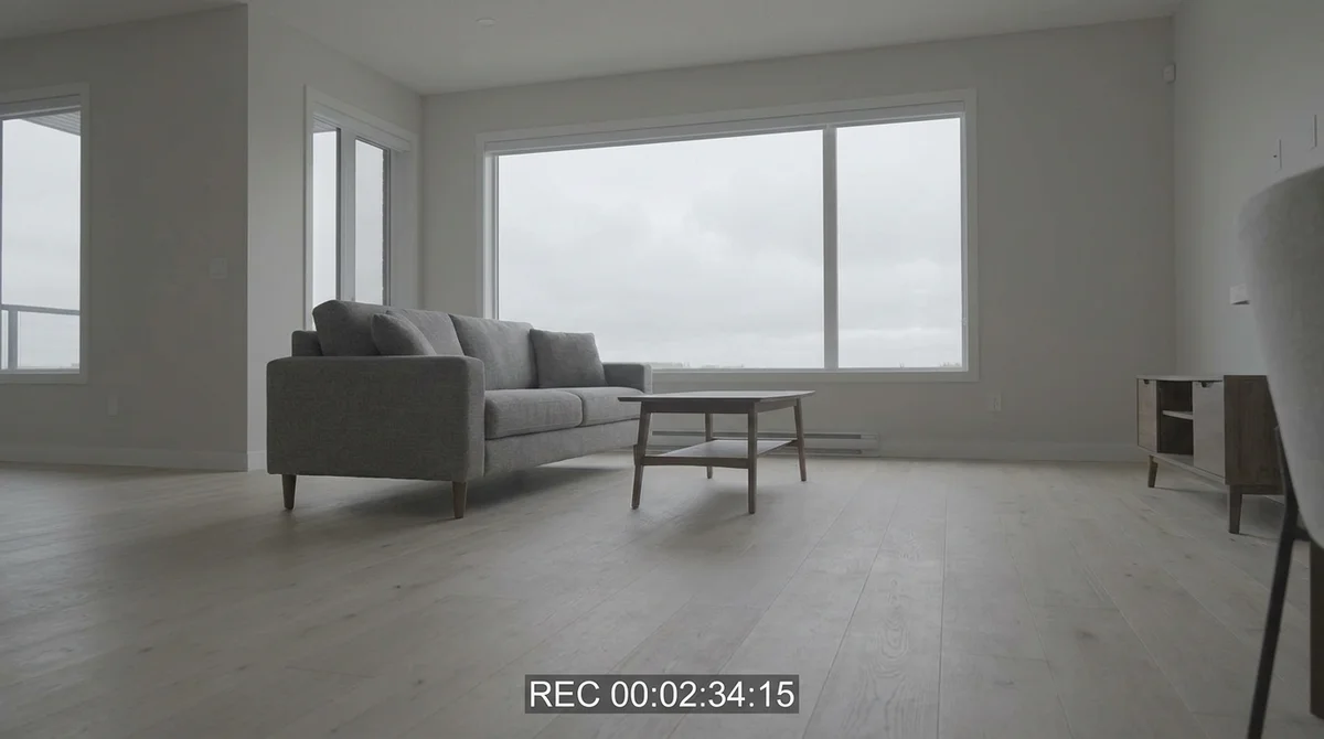 Unedited raw video frame of a living room with flat, dull, overcast lighting