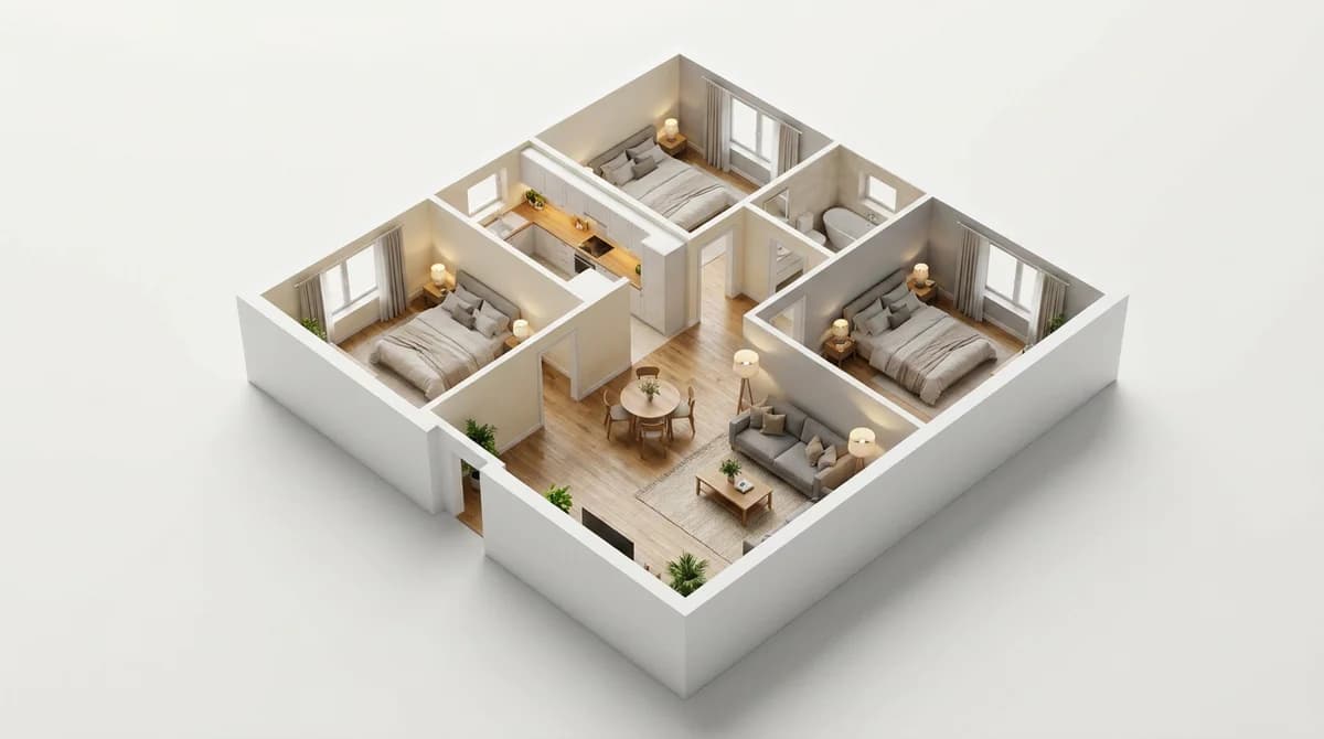 El mismo plano 3D seccionado amueblado como vista de casa de muñecas fotorrealista, con suelos de madera, sofá, cocina y camas hechas