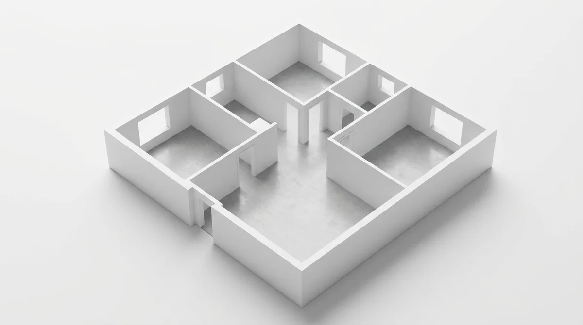 Plano 3D seccionado de un piso sin amueblar, con paredes blancas y suelos grises