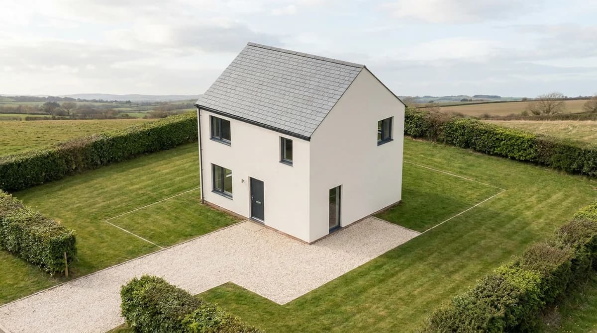 The same house as a photorealistic AI render with render walls, slate roof, lawn, hedges and gravel drive