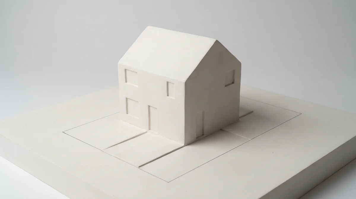 Architect's white massing model of a detached house on a rural plot with boundary and driveway