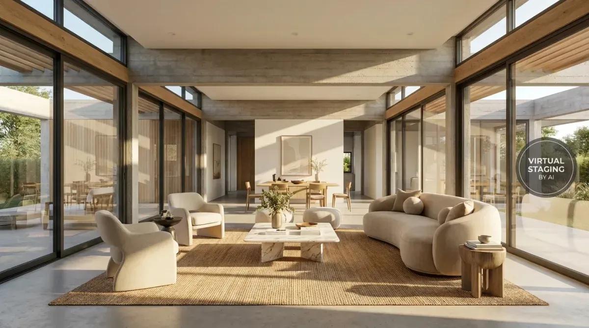 Soggiorno moderno allestito virtualmente con AI per annuncio immobiliare