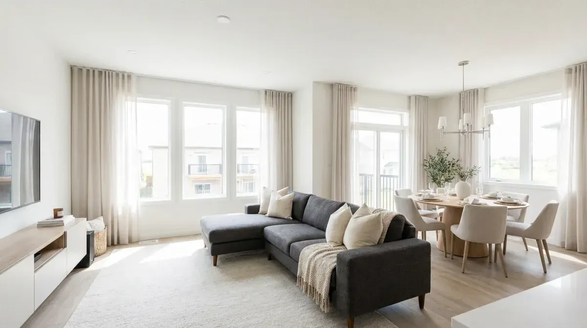 Soggiorno e sala da pranzo open-concept allestiti virtualmente