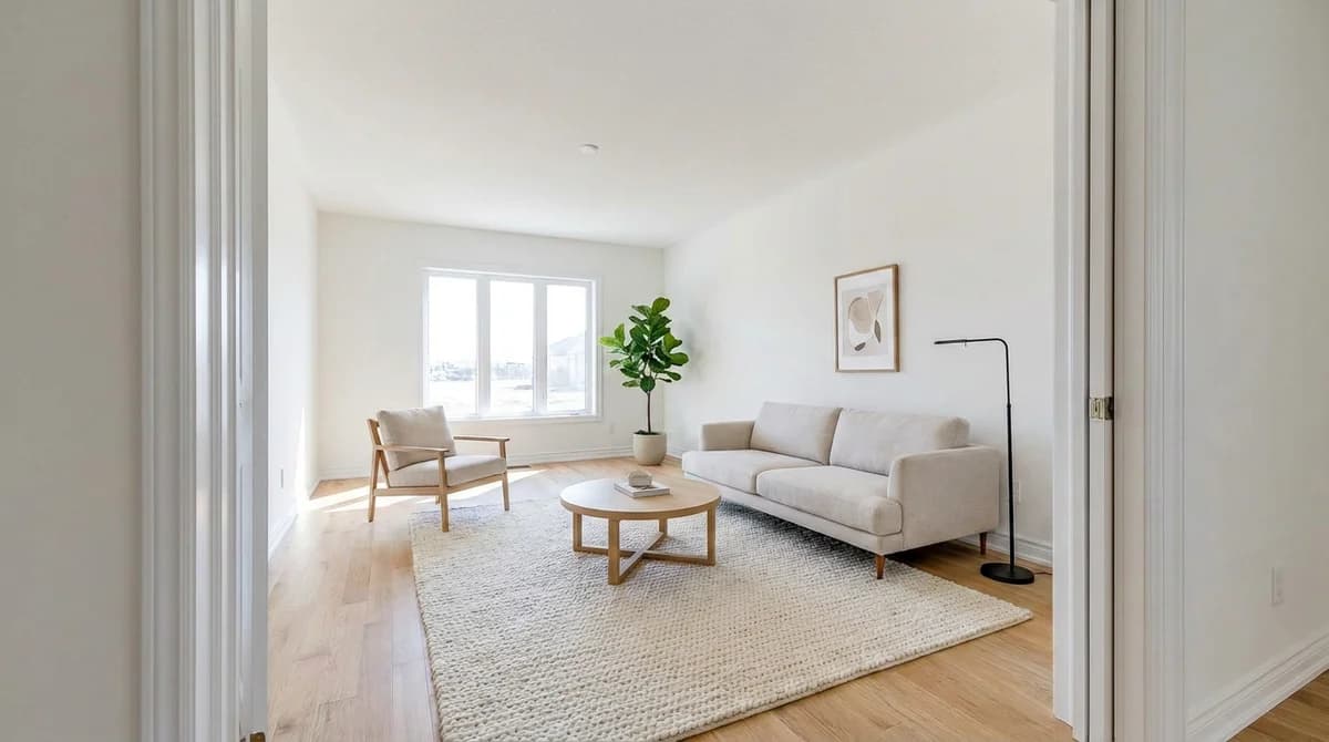 The same living room virtually staged in Scandinavian style with a linen sofa, oak coffee table and wool rug