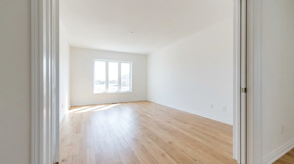 Empty unfurnished living room with a light oak floor and white walls before virtual staging