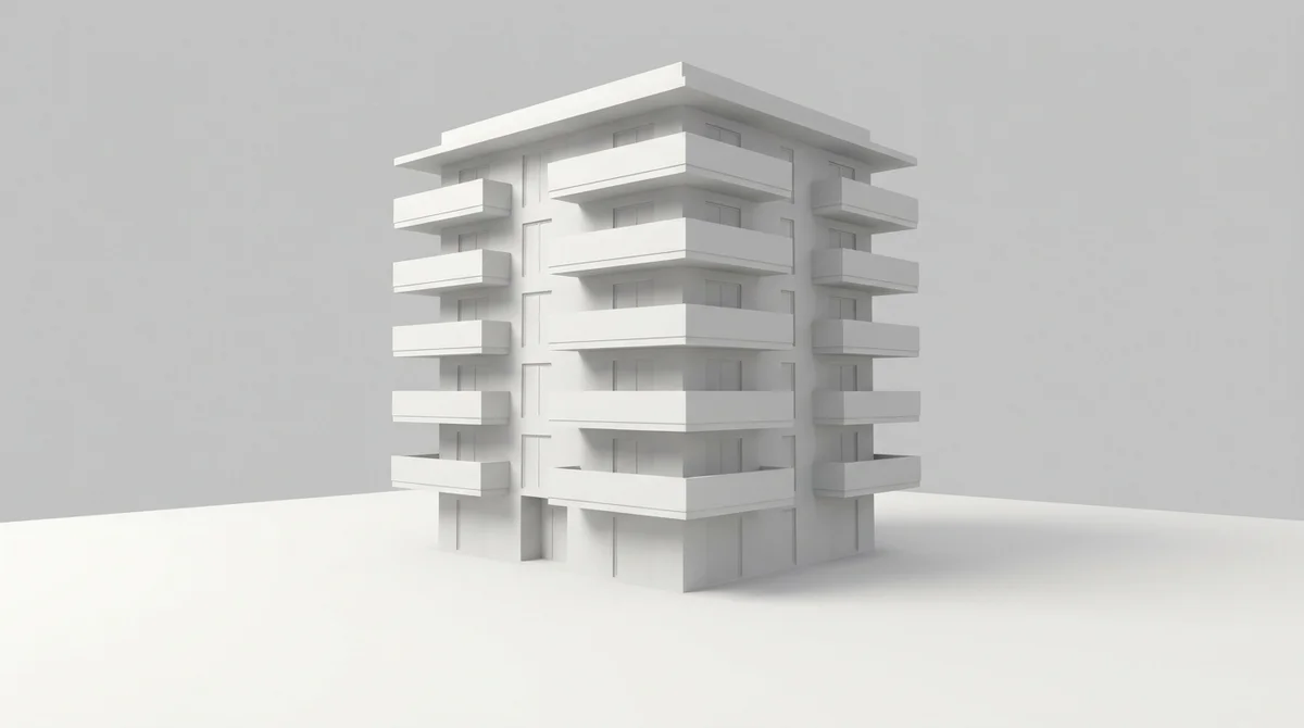 Architect's white massing model of a contemporary apartment building with balconies
