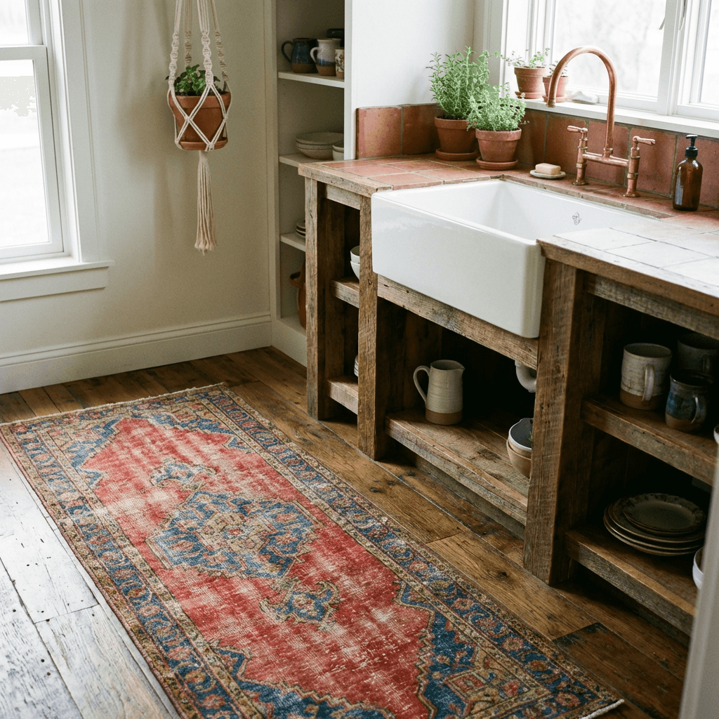 Lay a vintage runner rug in front of the sink