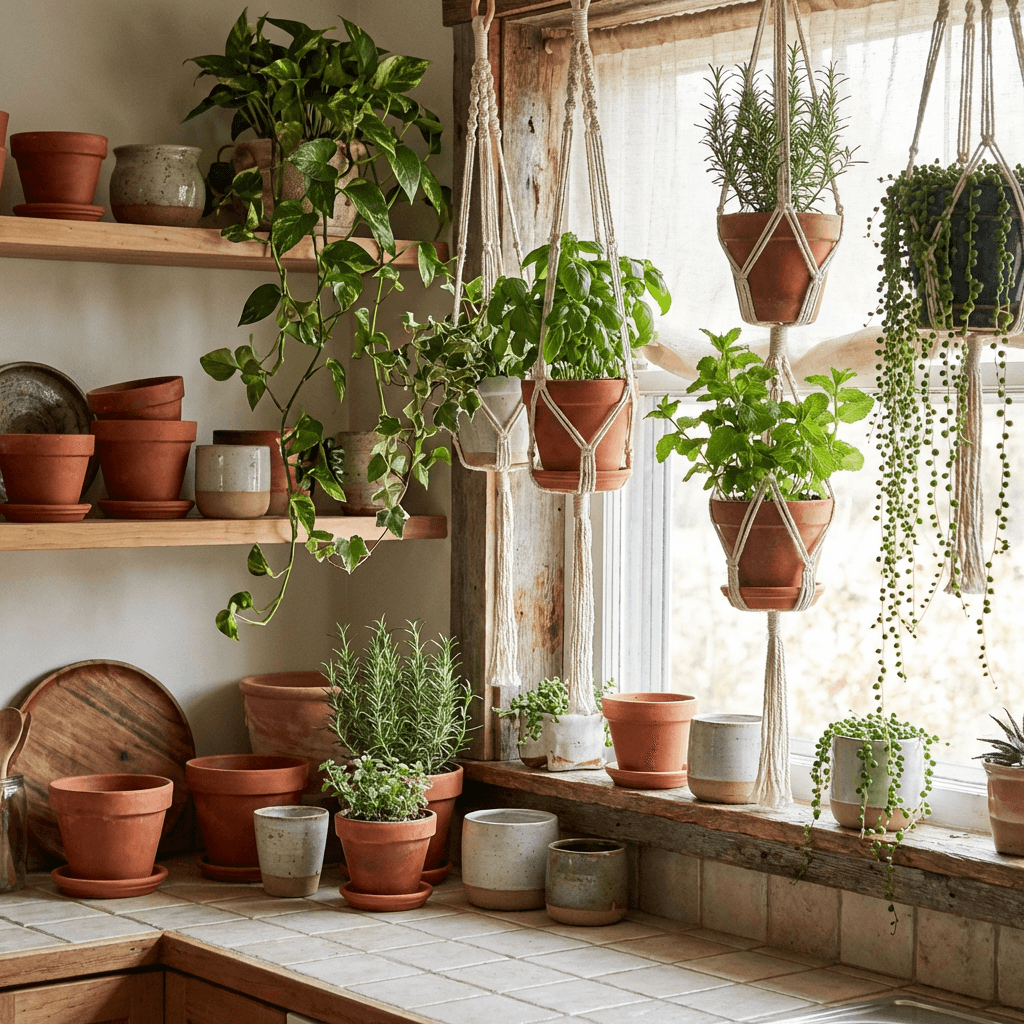 Fill every available surface with potted herbs and trailing plants