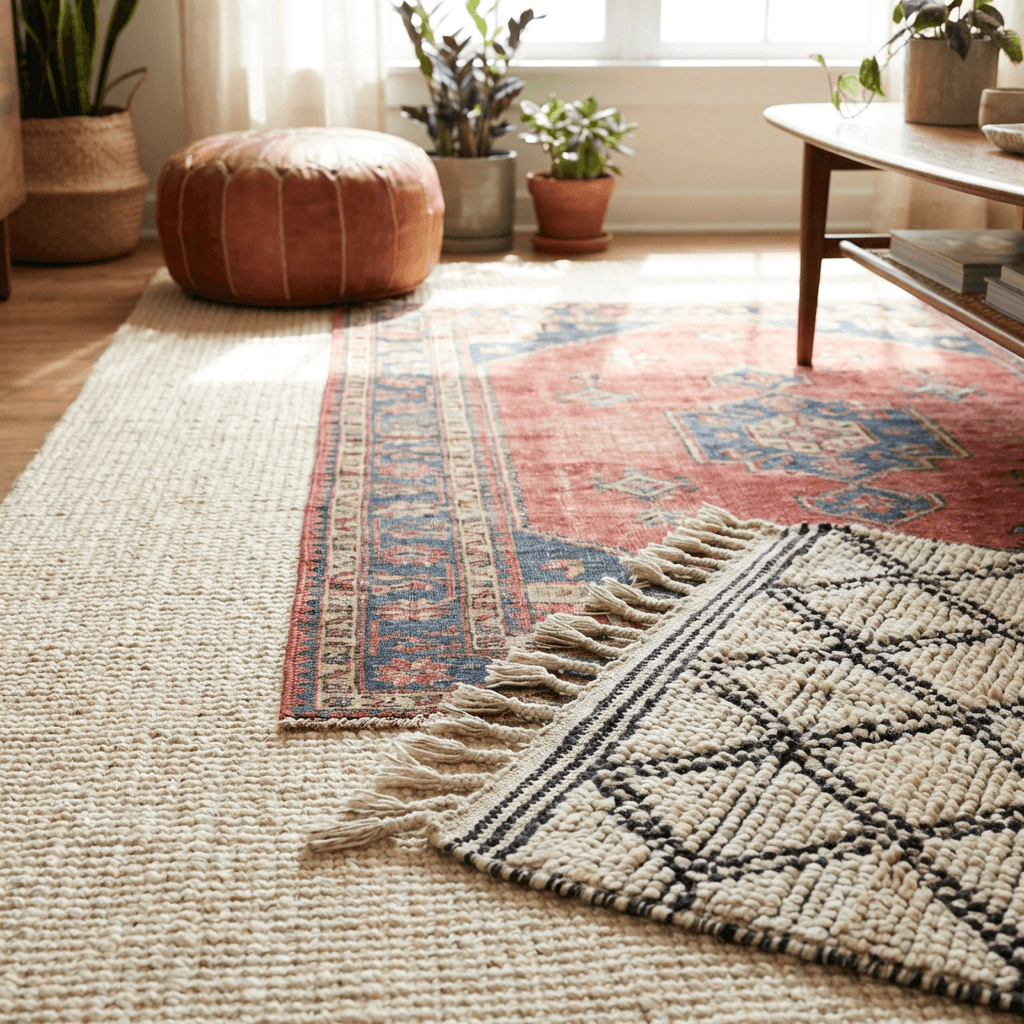 Layer multiple rugs for depth and pattern