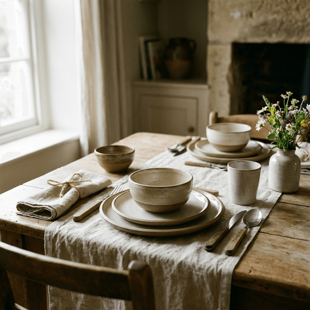 Set the table with everyday stoneware and natural linens