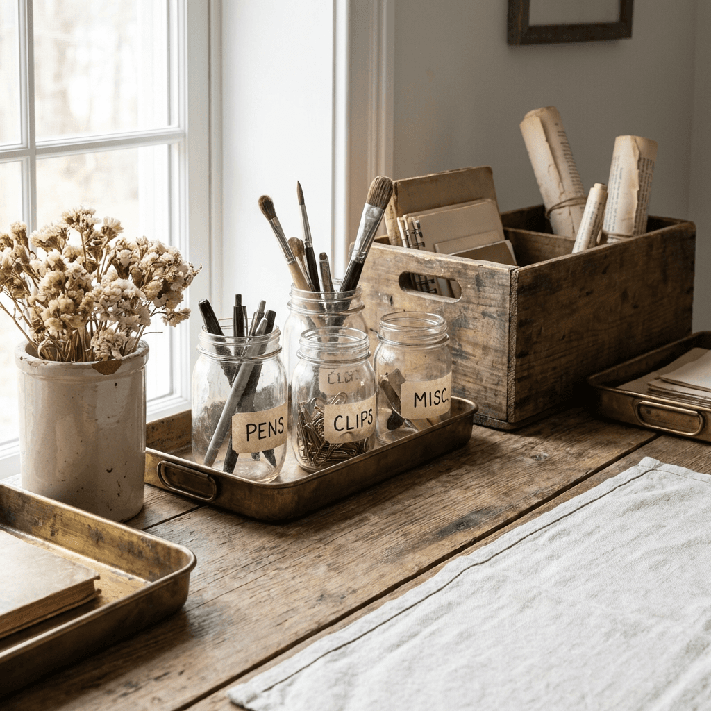 Use vintage containers for desktop organization