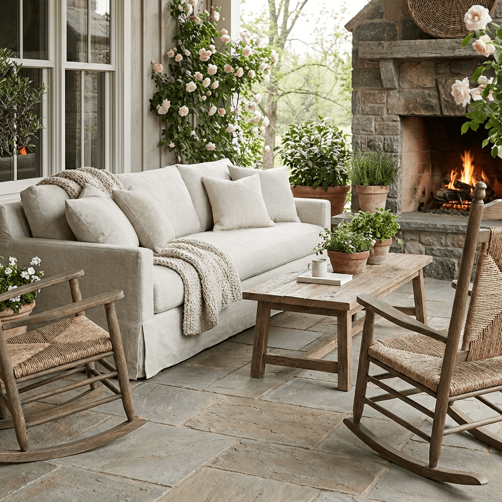 Use a mix of rocking chairs and an outdoor sofa for seating