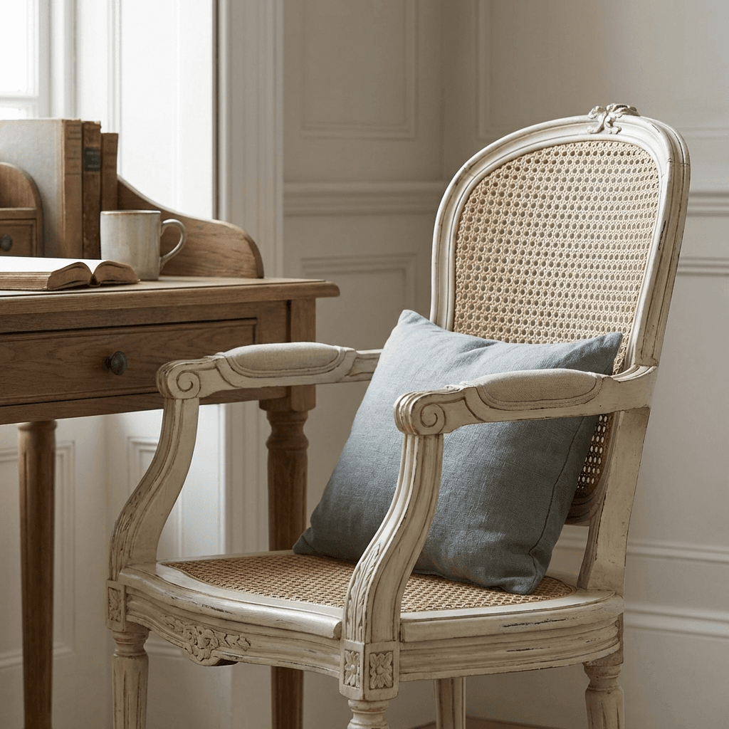 Choose a painted or cane-back chair for the desk