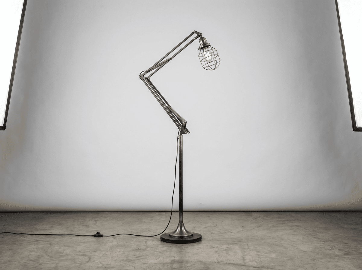 Industrial floor lamp with adjustable arm
