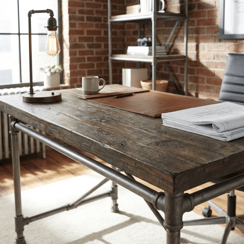 Anchor the desk area with reclaimed wood