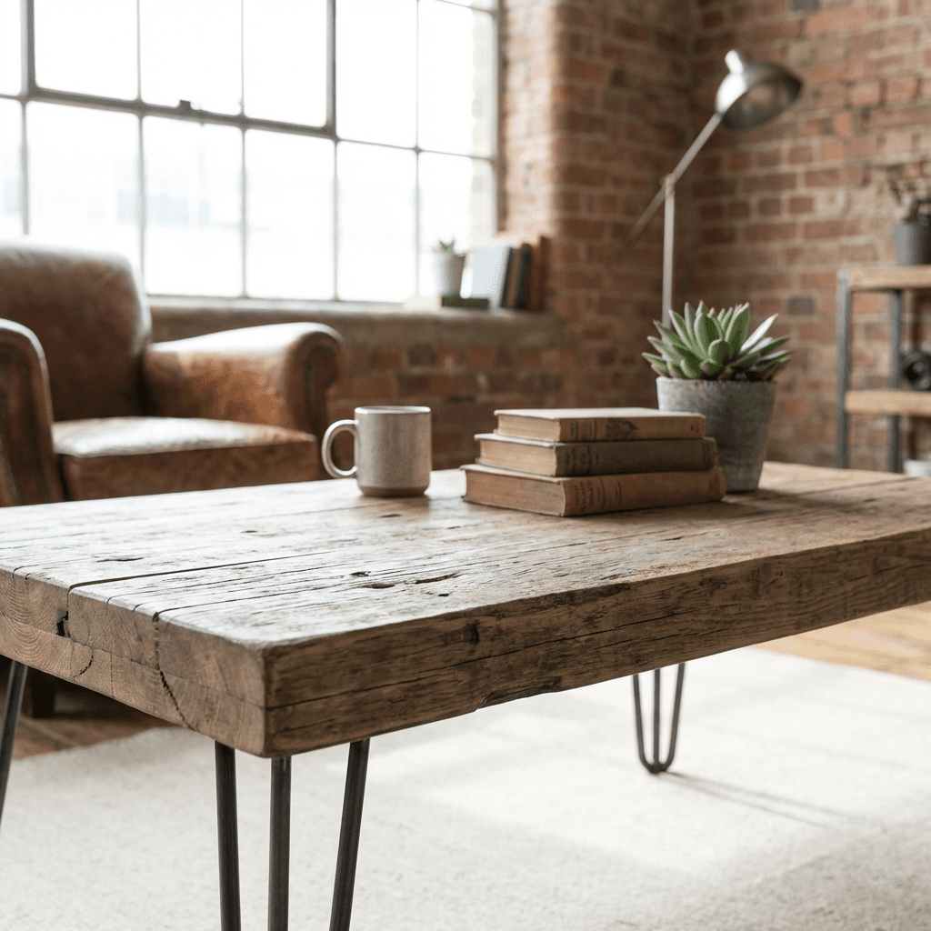 Use a reclaimed wood and steel coffee table as the focal anchor