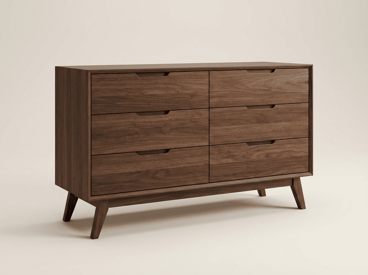 Six-drawer walnut dresser with tapered legs