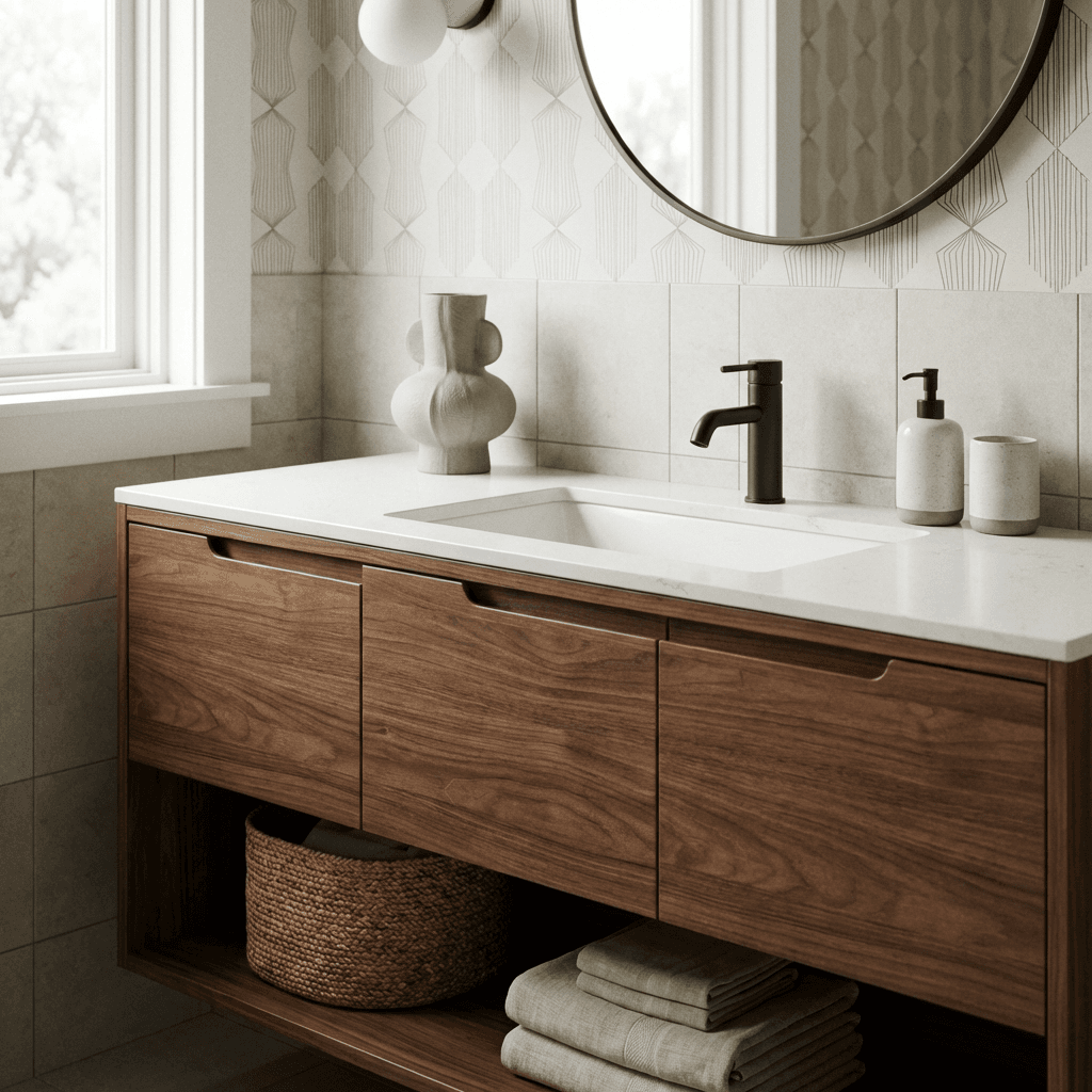 Install a floating walnut vanity with an integrated sink