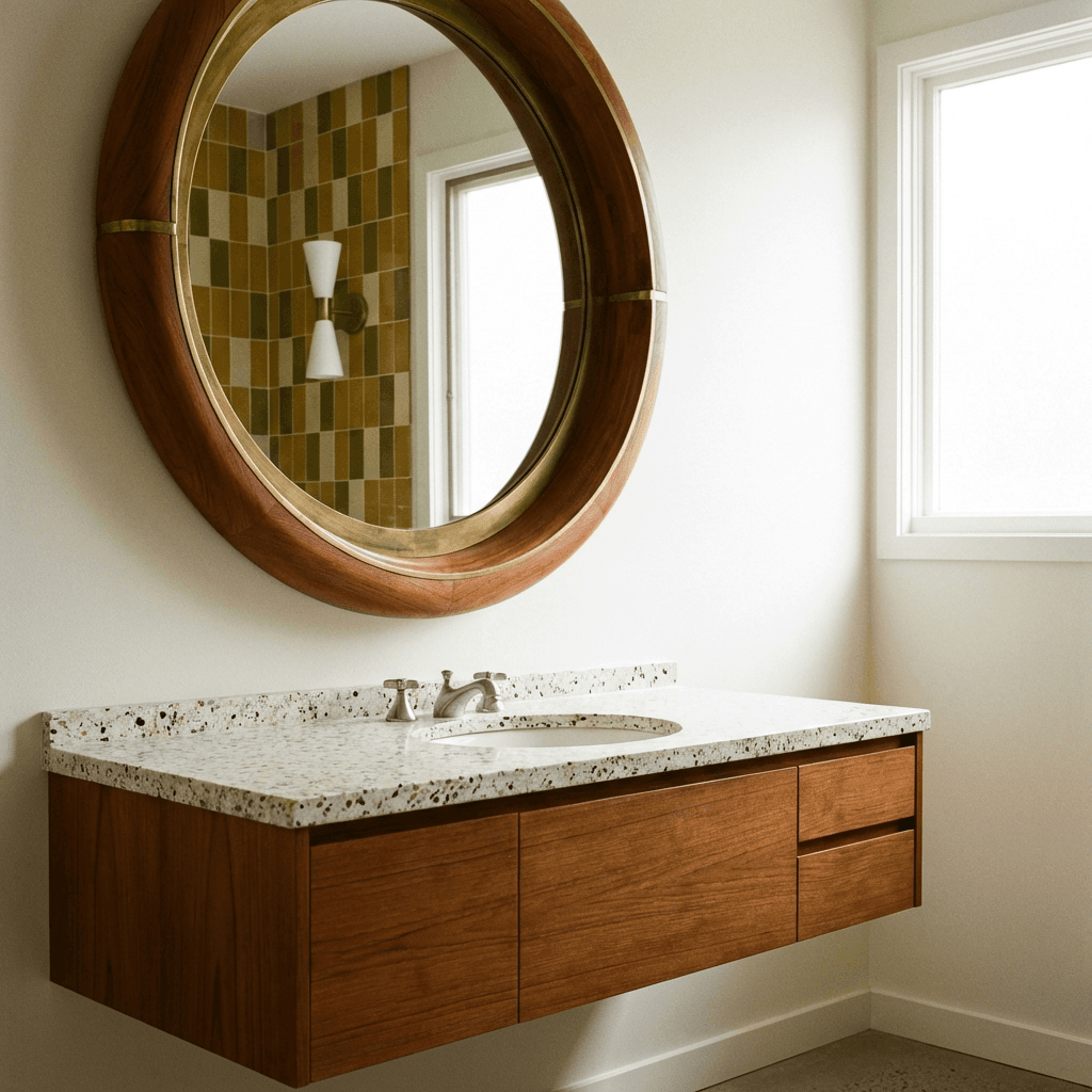 Add a round mirror with a teak or brass frame