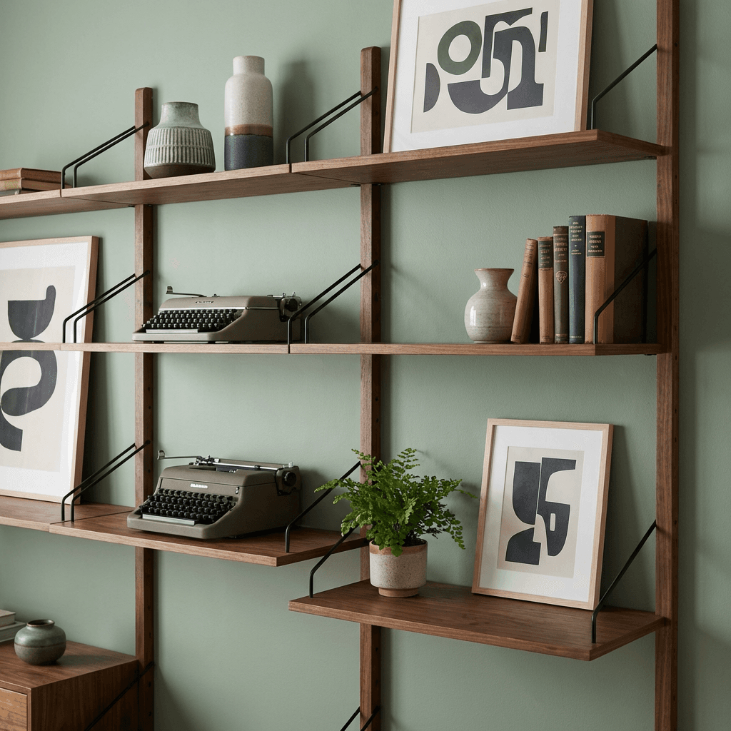 Use a modular wall shelving system for storage and display