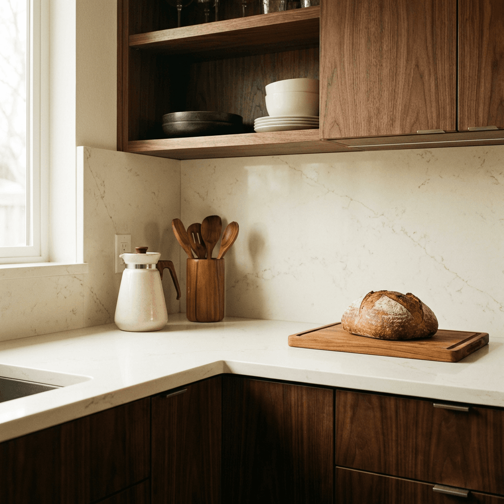 Choose white or light countertops to contrast dark wood