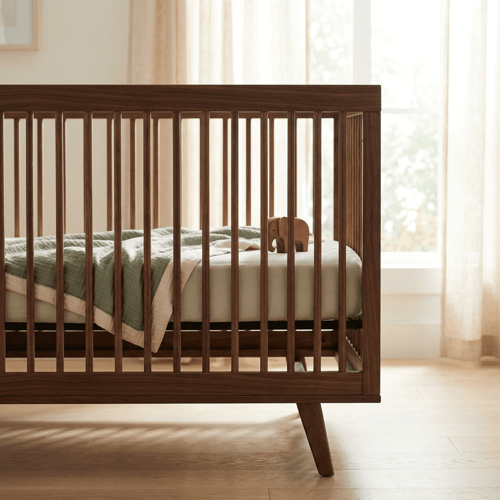 Select a walnut crib with clean spindles and tapered legs