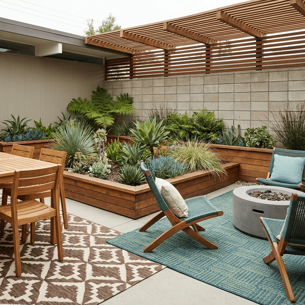 Create distinct zones with outdoor rugs and planting beds