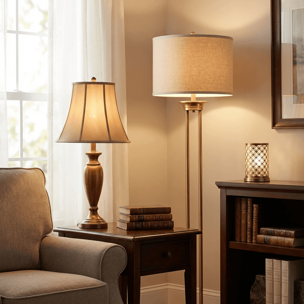 Use a layered lighting scheme with lamps, not overhead fixtures