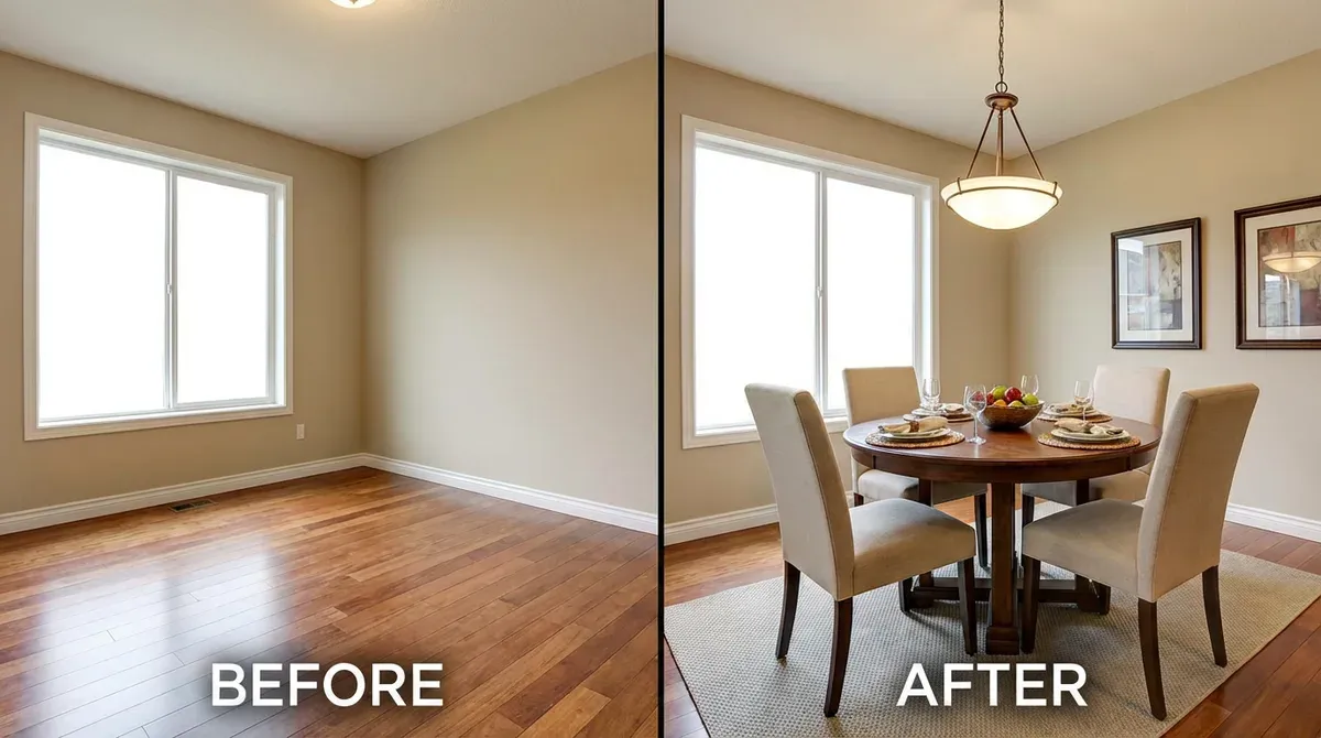 Antes y después de la transformación de un comedor con diseño AI