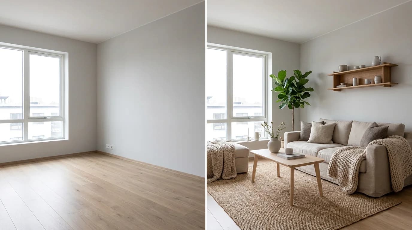 Foto de la habitación antes y render de interiores con AI después