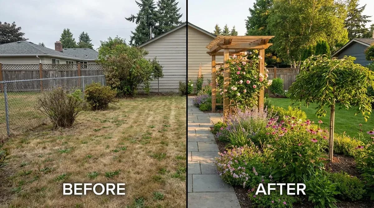 Antes y después de la transformación de un jardín con diseño AI